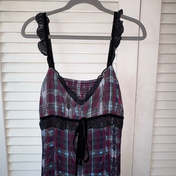 Anthropologie Purple Plaid Lace Trim Midi Dress Medium V Neck Tiered Boho - Picture 4 of 6